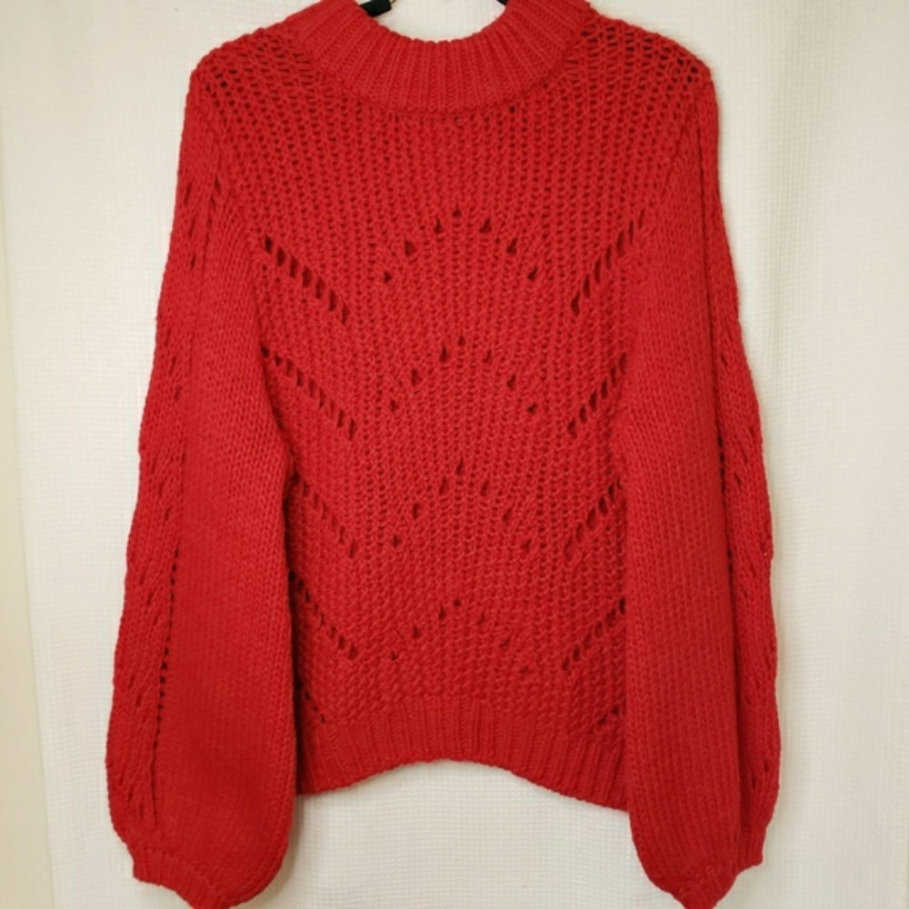 H&M Women's Oversized Sm.-Lg. Red Wool Blend Knit Holiday Sweater Puffed Sleeves